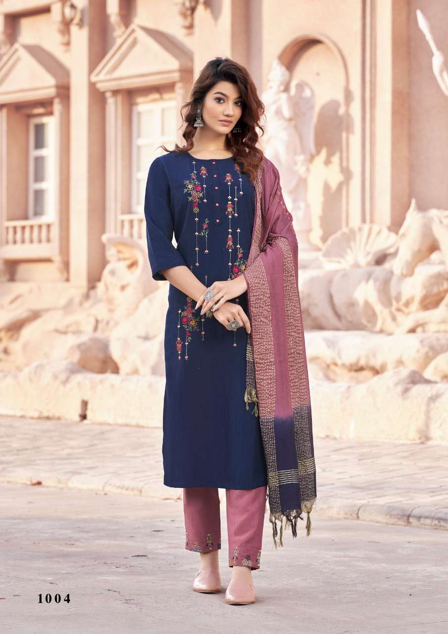 Parra Studio-Apsara Vol 1- Chinon Silk-With-Embroidery-Handwork-Kurti-with-Khatli-Work-Embroidery-Work-Pant-and -Fancy-Dupatta -1004